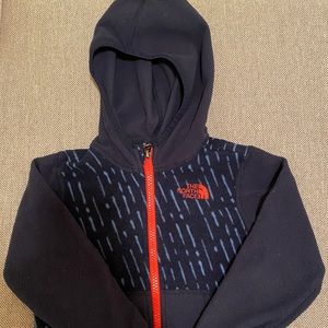 The North Face fleece zip up jacket; size 18-24 months; Navy w/ orange accents